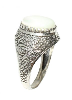 925 Sterling Silver Oval Mother Of Pearl Ottoman Sign Men Ring - 7