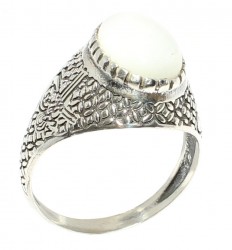 925 Sterling Silver Oval Mother Of Pearl Ottoman Sign Men Ring - 6