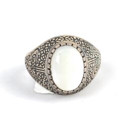 925 Sterling Silver Oval Mother Of Pearl Ottoman Sign Men Ring - 4