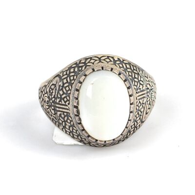 925 Sterling Silver Oval Mother Of Pearl Ottoman Sign Men Ring - 4
