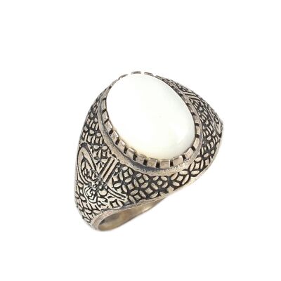 925 Sterling Silver Oval Mother Of Pearl Ottoman Sign Men Ring - 3
