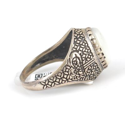 925 Sterling Silver Oval Mother Of Pearl Ottoman Sign Men Ring - 5