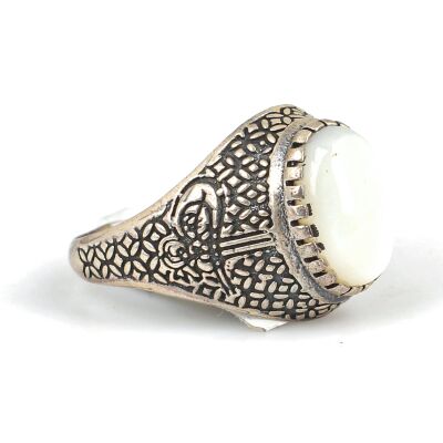 925 Sterling Silver Oval Mother Of Pearl Ottoman Sign Men Ring - 2