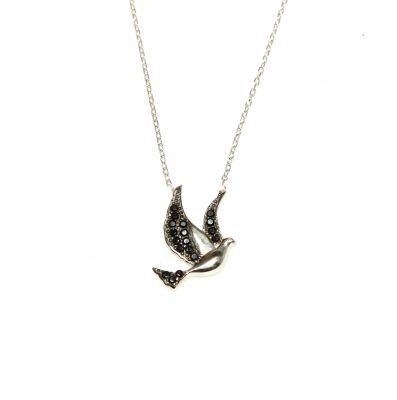 925 Sterling Silver Peace Dove Necklace with Black Cz - 4