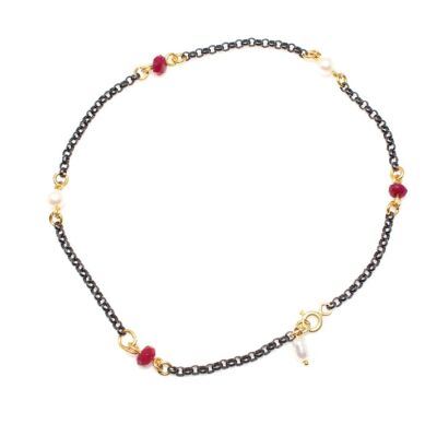 925 Sterling Silver Pearl-Ruby Anklet - 2