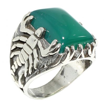 925 Sterling Silver Rectangle Green Agate Stone Scorpions Men Ring - 7