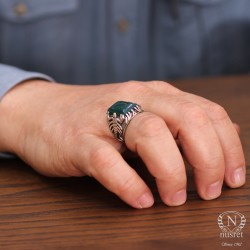 925 Sterling Silver Rectangle Green Agate Stone Scorpions Men Ring - 6