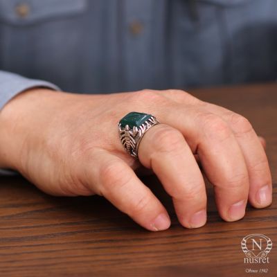 925 Sterling Silver Rectangle Green Agate Stone Scorpions Men Ring - 6