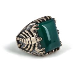 925 Sterling Silver Rectangle Green Agate Stone Scorpions Men Ring - 13