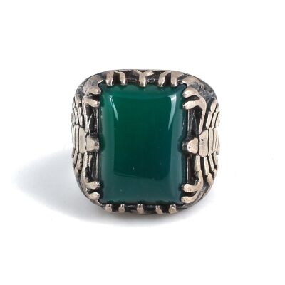 925 Sterling Silver Rectangle Green Agate Stone Scorpions Men Ring - 9