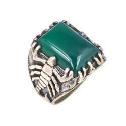 925 Sterling Silver Rectangle Green Agate Stone Scorpions Men Ring - 8