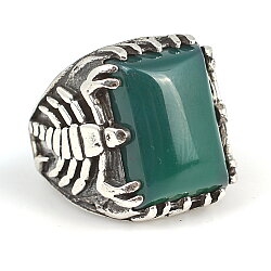 925 Sterling Silver Rectangle Green Agate Stone Scorpions Men Ring - 3