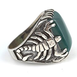 925 Sterling Silver Rectangle Green Agate Stone Scorpions Men Ring - 12