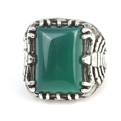 925 Sterling Silver Rectangle Green Agate Stone Scorpions Men Ring - 5