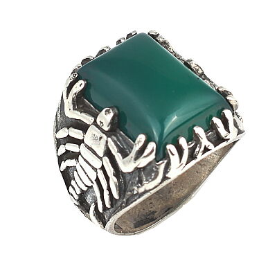 925 Sterling Silver Rectangle Green Agate Stone Scorpions Men Ring - 2