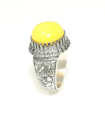925 Sterling Silver Rose Design Handcarved Men Ring with Amber - 8