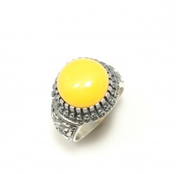 925 Sterling Silver Rose Design Handcarved Men Ring with Amber - 9