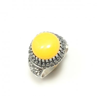 925 Sterling Silver Rose Design Handcarved Men Ring with Amber - 9