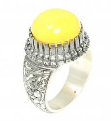 925 Sterling Silver Rose Design Handcarved Men Ring with Amber - 6