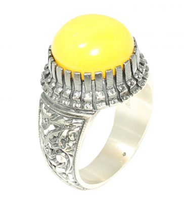 925 Sterling Silver Rose Design Handcarved Men Ring with Amber - 6