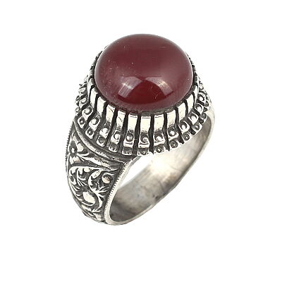 925 Sterling Silver Rose Design Handcarved Men Ring with Amber - 2