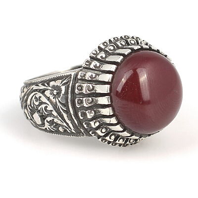 925 Sterling Silver Rose Design Handcarved Men Ring with Amber - 3