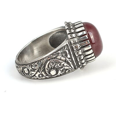 925 Sterling Silver Rose Design Handcarved Men Ring with Amber - 4