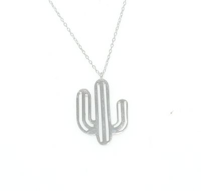 925 Sterling Silver Thick Wire Cactus Dainty Necklace, White Gold Plated - 8