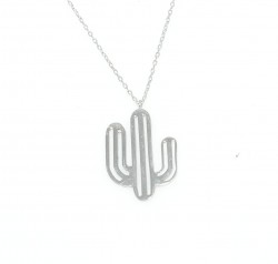 925 Sterling Silver Thick Wire Cactus Dainty Necklace, White Gold Plated - 9