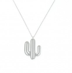 925 Sterling Silver Thick Wire Cactus Dainty Necklace, White Gold Plated - 10