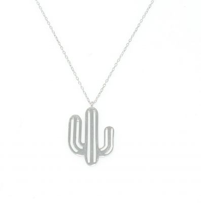 925 Sterling Silver Thick Wire Cactus Dainty Necklace, White Gold Plated - 10