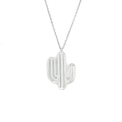 925 Sterling Silver Thick Wire Cactus Dainty Necklace, White Gold Plated - 3