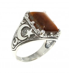 925 Sterling Silver Tiger's eye stone moon star men ring - 7