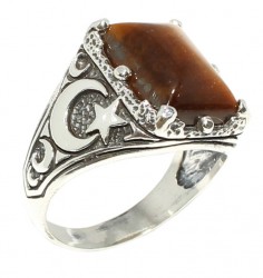 925 Sterling Silver Tiger's eye stone moon star men ring - 6