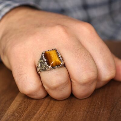 925 Sterling Silver Tiger's eye stone moon star men ring - 1