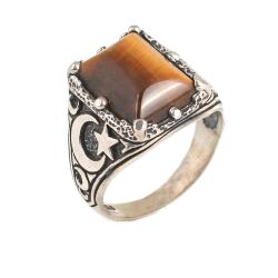 925 Sterling Silver Tiger's eye stone moon star men ring - 3