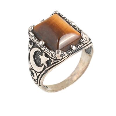 925 Sterling Silver Tiger's eye stone moon star men ring - 3