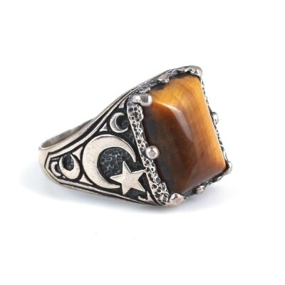925 Sterling Silver Tiger's eye stone moon star men ring - 2