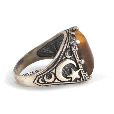 925 Sterling Silver Tiger's eye stone moon star men ring - 5
