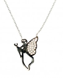 Flying Angel Model 925 Sterling Silver Necklace, Black - White Stone - 3