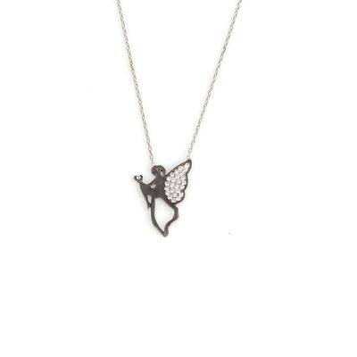 Flying Angel Model 925 Sterling Silver Necklace, Black - White Stone - 2