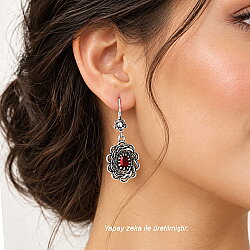 925 Sterling Silver Mirror Shaped Filigree Earrings with Ruby - Nusrettaki (1)