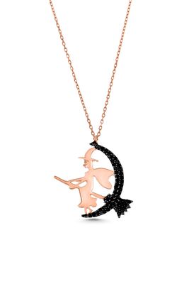 Flying Witch With Broom Necklace Pink Color - Black Stones Pink witch - 2