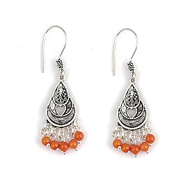 925 Silver Heart Patterns Dangle Filigree Earrings with Red Coral Stone - Nusrettaki (1)