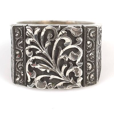 Rectangle, Hand Carved 925 Sterling Silver Man Ring - 3