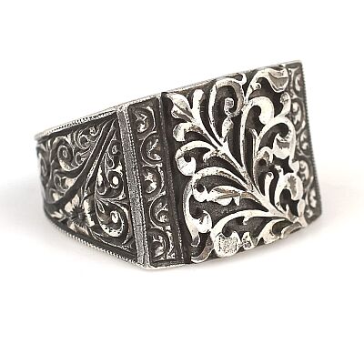 Rectangle, Hand Carved 925 Sterling Silver Man Ring - 5
