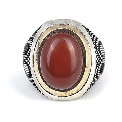 Silver Bronze Agate Stoned Mens Ring, Oval - 4