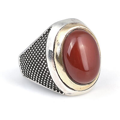 Silver Bronze Agate Stoned Mens Ring, Oval - 2