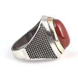 Silver Bronze Agate Stoned Mens Ring, Oval - 5