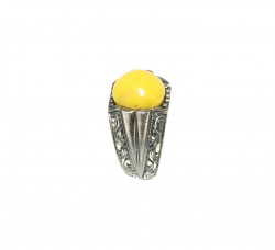 Silver Hand Carved Men Ring Round Amber - 7
